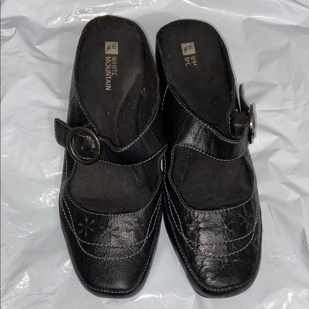White Mountain Leather Black Mules Mary Jane Strap Decorative Buckle Size 7.5